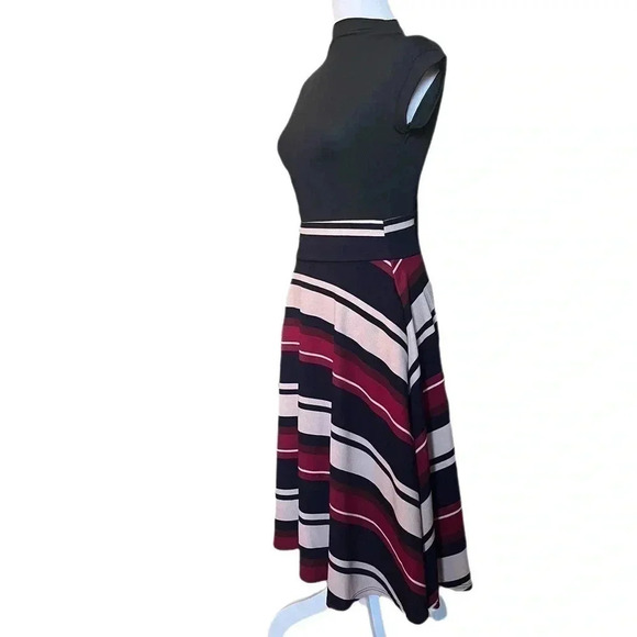 Agnes & Dora Midi Skirt Comfy Pull-On Waist Tan Red Black Striped Size Small - Picture 2 of 5